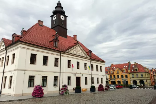 Lubin - market square with historic town hall and townhouses